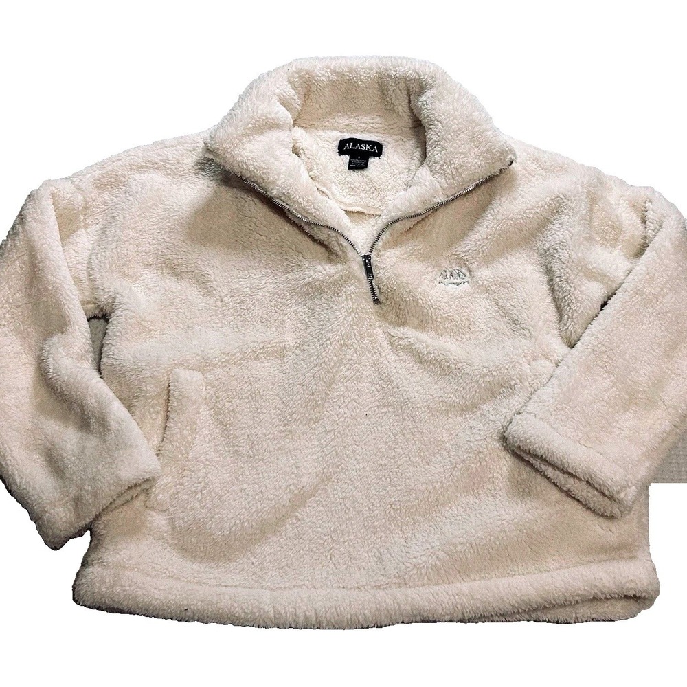 Alaska 1/4 Zip Fuzzy Warm Thick Fleece Pullover Women's SMALL Cream Long Sleeves